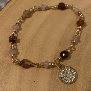 Handmade Tourmaline and Rose Quartz Wire wrapped Bracelet with Pave Charm